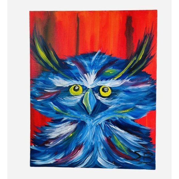 Blue Owl 2 Abstract Art Paintings Un-Framed Stretched Canvas 16" x 20" x .5" - Picture 2 of 5
